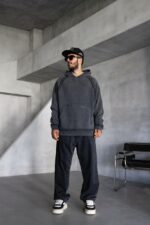 Мужское Графитовое Худи Оверсаз - Рваное с Поношенным Эффектом