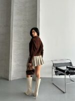 Женский Вязаный Коричневый Кардиган Свободного Кроя на Молнии с Широким Воротником