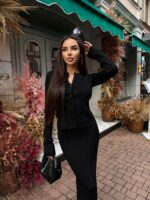 Женский Элегантный Черный Костюм - Жакет на Пуговицах + Юбка Макси