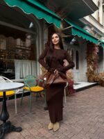 Женский Элегантный Коричневый Костюм - Жакет на Пуговицах + Юбка Макси
