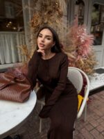 Женский Элегантный Коричневый Костюм - Жакет на Пуговицах + Юбка Макси