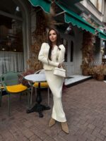 Женский Элегантный Молочный Костюм - Жакет на Пуговицах + Юбка Макси