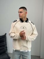 Мужской Кремовый Свитшот Реглан Оверсайз с Белым Воротником и Принтом Номером на Спине