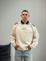 Мужской Кремовый Свитшот Реглан Оверсайз с Белым Воротником и Принтом Номером на Спине