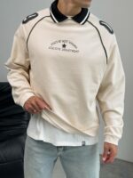 Мужской Кремовый Свитшот Реглан Оверсайз с Белым Воротником и Принтом Номером на Спине