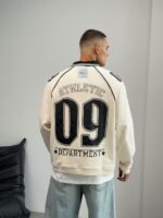 Мужской Кремовый Свитшот Реглан Оверсайз с Белым Воротником и Принтом Номером на Спине