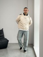 Мужской Кремовый Свитшот Реглан Оверсайз с Белым Воротником и Принтом Номером на Спине