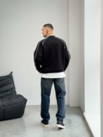 Мужской Черный Свитшот Реглан Поло Оверсайз с Принтом и Кантом