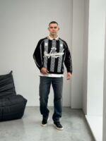 Мужской Черный Свитшот Реглан Поло Оверсайз с Принтом и Кантом