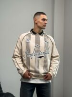 Мужской Кремовый Свитшот Реглан Поло Оверсайз с Принтом и Кантом
