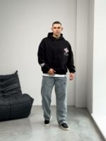 Мужское Черное Худи Оверсаз - Толстовка с Принтами и Нашивкой на Спине