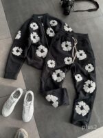 Мужской Теплый Флисовый Графитовый Костюм с Принтами - Кофта на Змейке + Штаны