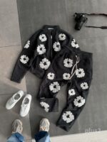 Мужской Теплый Флисовый Графитовый Костюм с Принтами - Кофта на Змейке + Штаны