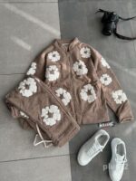 Мужской Теплый Флисовый Костюм Мокко с Принтами - Кофта на Змейке + Штаны