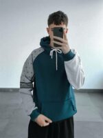 Мужское Теплое Синее Худи Оверсайз на Флисе с Белыми Рукавами