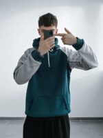 Мужское Теплое Синее Худи Оверсайз на Флисе с Белыми Рукавами