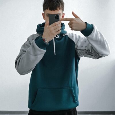 Мужское Теплое Синее Худи Оверсайз на Флисе с Белыми Рукавами