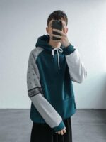 Мужское Теплое Синее Худи Оверсайз на Флисе с Белыми Рукавами