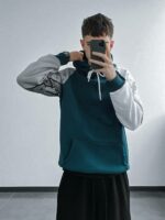 Мужское Теплое Синее Худи Оверсайз на Флисе с Белыми Рукавами