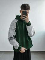 Мужское Теплое Зеленое Худи Оверсайз на Флисе с Белыми Рукавами