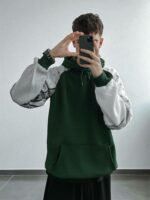 Мужское Теплое Зеленое Худи Оверсайз на Флисе с Белыми Рукавами