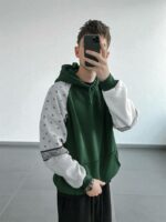 Мужское Теплое Зеленое Худи Оверсайз на Флисе с Белыми Рукавами