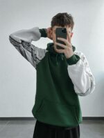 Мужское Теплое Зеленое Худи Оверсайз на Флисе с Белыми Рукавами