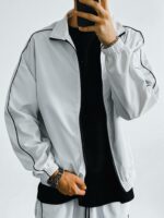 Мужская Белая Ветровка под Горло на Молнии с Кантом