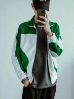 Мужская Зеленая Ветровка с Белыми Вставками - Свободная под Горло на Молнии