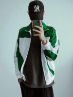 Мужская Зеленая Ветровка с Белыми Вставками - Свободная под Горло на Молнии