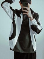 Мужская Белая Ветровка с Черными Вставками - Свободная под Горло на Молнии