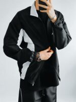 Мужская Черная Ветровка с Белыми Вставками - Свободная под Горло на Молнии