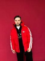 Мужская Зимняя Красная Дутая Куртка с Капюшоном и Лампасами