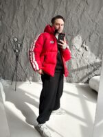 Мужская Зимняя Красная Дутая Куртка с Капюшоном и Лампасами