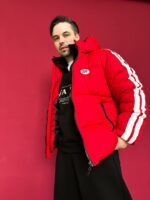 Мужская Зимняя Красная Дутая Куртка с Капюшоном и Лампасами