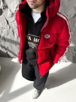 Мужская Зимняя Красная Дутая Куртка с Капюшоном и Лампасами