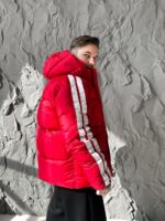 Мужская Зимняя Красная Дутая Куртка с Капюшоном и Лампасами