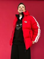 Мужская Зимняя Красная Дутая Куртка с Капюшоном и Лампасами