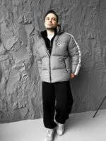 Мужская Зимняя Серая Дутая Куртка с Капюшоном и Лампасами