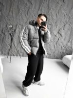 Мужская Зимняя Серая Дутая Куртка с Капюшоном и Лампасами