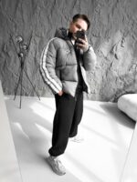 Мужская Зимняя Серая Дутая Куртка с Капюшоном и Лампасами