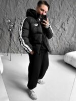 Мужская Зимняя Черная Дутая Куртка с Капюшоном и Лампасами