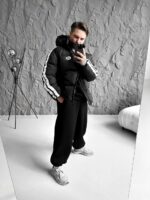 Мужская Зимняя Черная Дутая Куртка с Капюшоном и Лампасами