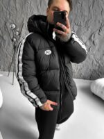 Мужская Зимняя Черная Дутая Куртка с Капюшоном и Лампасами