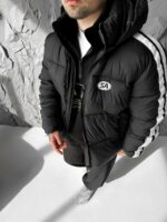 Мужская Зимняя Черная Дутая Куртка с Капюшоном и Лампасами