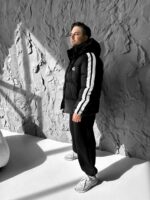 Мужская Зимняя Черная Дутая Куртка с Капюшоном и Лампасами