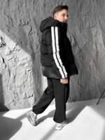 Мужская Зимняя Черная Дутая Куртка с Капюшоном и Лампасами