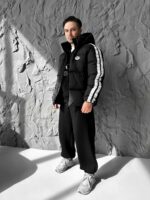 Мужская Зимняя Черная Дутая Куртка с Капюшоном и Лампасами