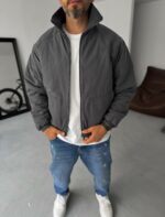 Мужская Демисезонная Темно-Серая Куртка под Горло на Подкладке