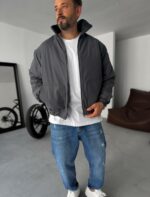 Мужская Демисезонная Темно-Серая Куртка под Горло на Подкладке